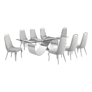 Best Quality Furniture 94&quot x 46&quot Clear Glass Dining Set w Boucle Fabric Chairs