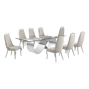 Best Quality Furniture 94&quot x 46&quot Clear Glass Dining Set w Boucle Fabric Chairs