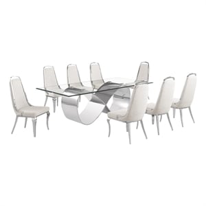 Best Quality Furniture 94&quot x 46&quot Clear Glass Dining Set w Boucle Fabric Chairs