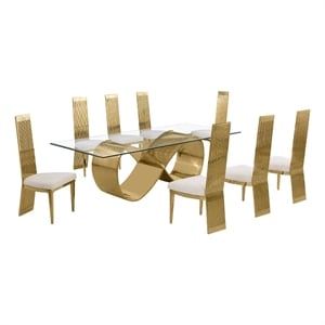 Best Quality Furniture 94&quot x 46&quot Clear Glass Dining Set w Boucle Fabric Chairs