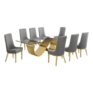 Best Quality Furniture 94&quot x 46&quot Clear Glass Dining Set w Boucle Fabric Chairs