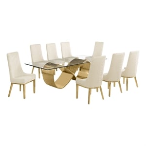 Best Quality Furniture 94&quot x 46&quot Clear Glass Dining Set w Boucle Fabric Chairs