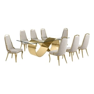 Best Quality Furniture 94&quot x 46&quot Clear Glass Dining Set w Boucle Fabric Chairs