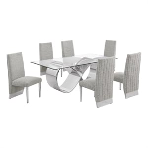 Best Quality Furniture 78&quot x 42&quot Clear Glass Dining Set w Boucle Fabric Chairs