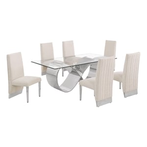 Best Quality Furniture 78&quot x 42&quot Clear Glass Dining Set w Boucle Fabric Chairs