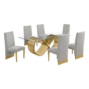 Best Quality Furniture 78&quot x 42&quot Clear Glass Dining Set w Boucle Fabric Chairs