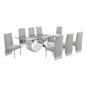 Best Quality Furniture 94&quot x 46&quot Clear Glass Dining Set w Boucle Fabric Chairs