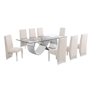 Best Quality Furniture 94&quot x 46&quot Clear Glass Dining Set w Boucle Fabric Chairs