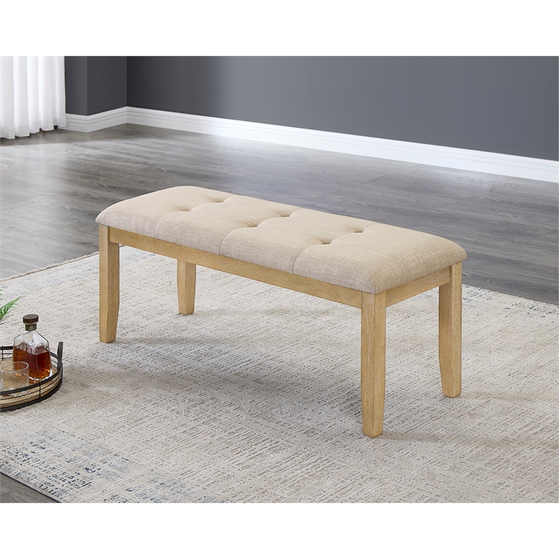 Best Quality Furniture Beige Fabric Dining Bench w Rustic Wood Legs