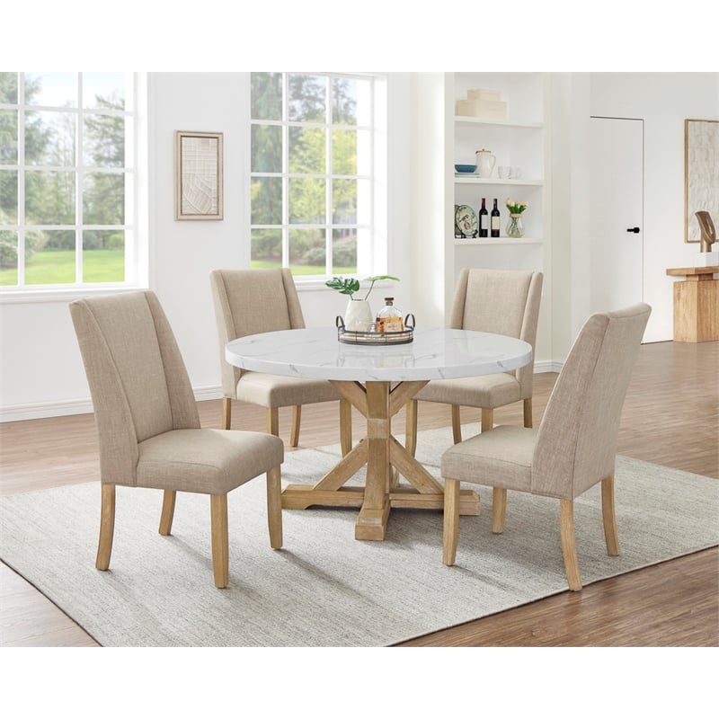 Best Quality Furniture Faux White Marble Dining Set with Rustic Wood Finish