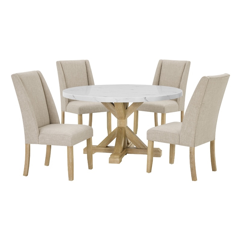 Best Quality Furniture Faux White Marble Dining Set with Rustic Wood Finish
