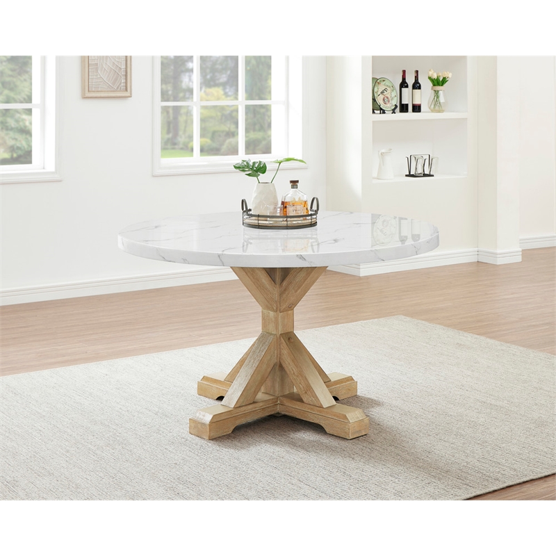 Best Quality Furniture Faux White Marble Dining Table with Rustic Wood Finish