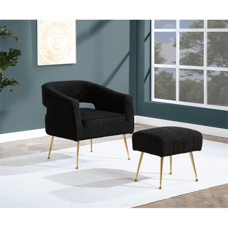 Best Quality Furniture 2 Piece Accent Chair & Ottoman in Black Boucle Fabric
