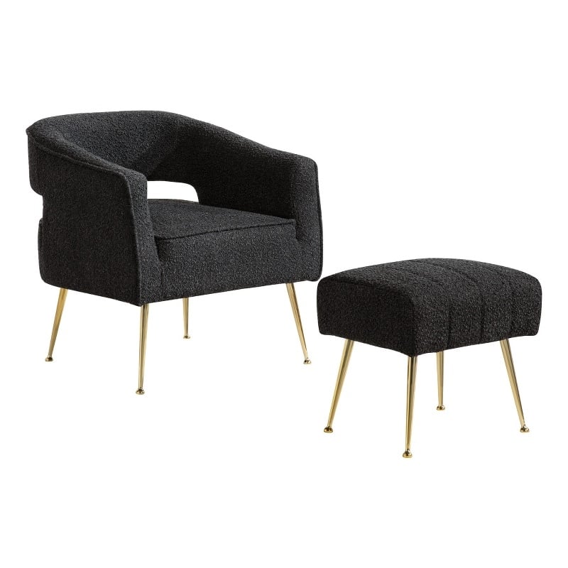 Best Quality Furniture 2 Piece Accent Chair & Ottoman in Black Boucle Fabric