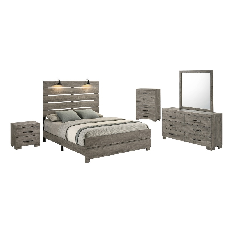 Best Quality Furniture 5pc Antique Gray Wood Panel Bedroom Set with Headlamps