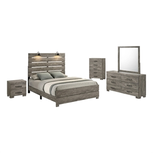 Best Quality Furniture 5pc Antique Gray Wood Panel Bedroom Set with Headlamps