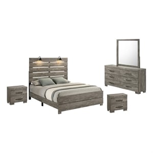 Best Quality Furniture 5pc Antique Gray Wood Panel Bedroom Set with Headlamps