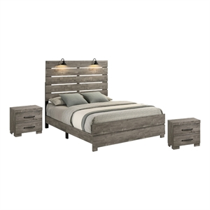 Best Quality Furniture 3pc Antique Gray Wood Panel Bedroom Set with Headlamps