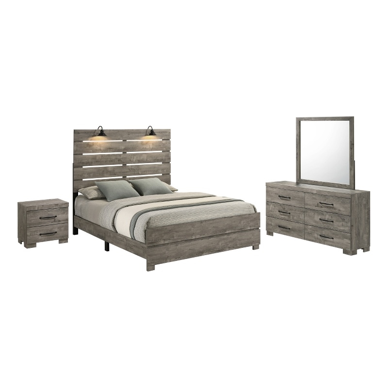 Best Quality Furniture 4pc Antique Gray Wood Panel Bedroom Set with Headlamps