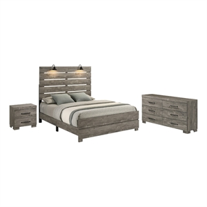 Best Quality Furniture 3pc Antique Gray Wood Panel Bedroom Set with Headlamps