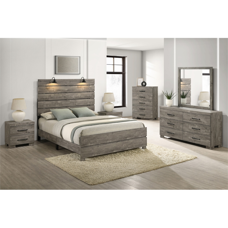 Best Quality Furniture 6pc Antique Gray Wood Panel Bedroom Set with Headlamps