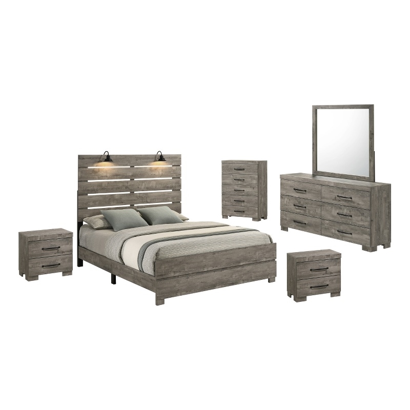 Best Quality Furniture 6pc Antique Gray Wood Panel Bedroom Set with Headlamps
