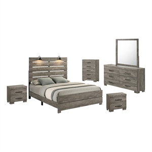 Best Quality Furniture 6pc Antique Gray Wood Panel Bedroom Set with Headlamps