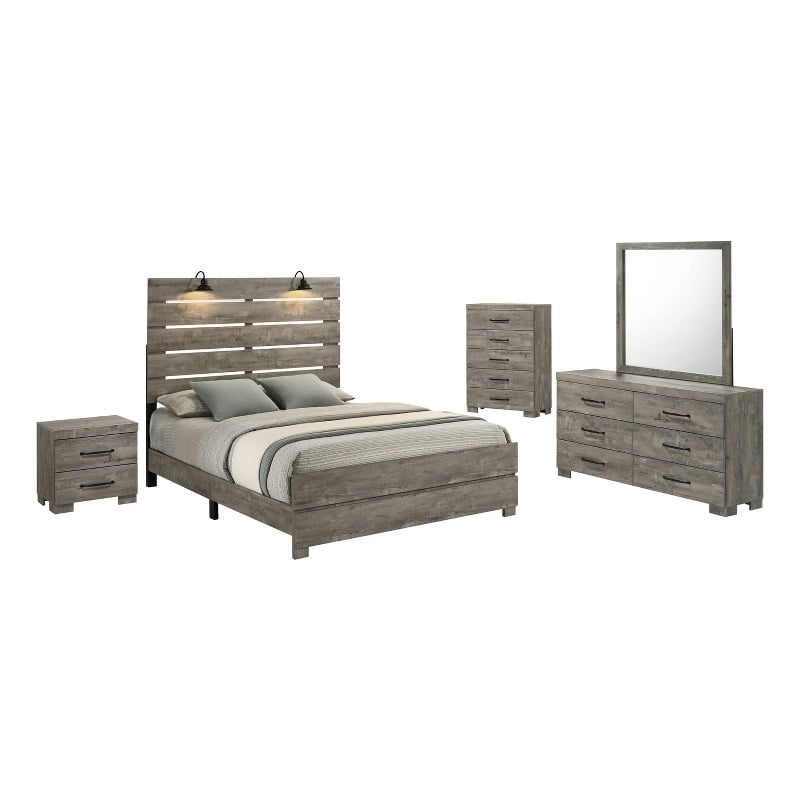 Best Quality Furniture 5pc Antique Gray Wood Panel Bedroom Set with Headlamps