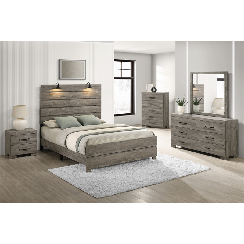 Best Quality Furniture 5pc Antique Gray Wood Panel Bedroom Set with Headlamps