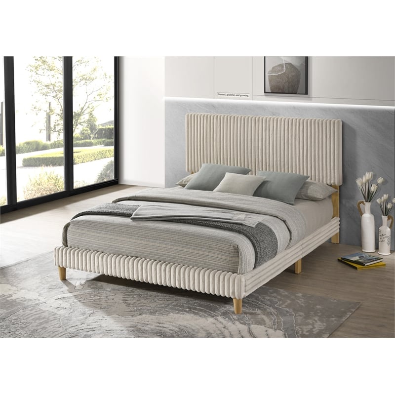 Best Quality Furniture Full Size Panel Bed in Cream Velvet Corduroy