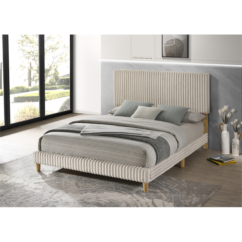 Best Quality Furniture Twin Size Panel Bed in Cream Velvet Corduroy