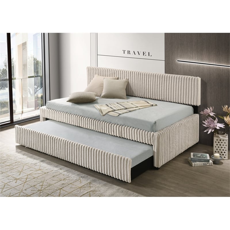 Best Quality Furniture Twin Daybed with Trundle in Cream Velvet Corduroy