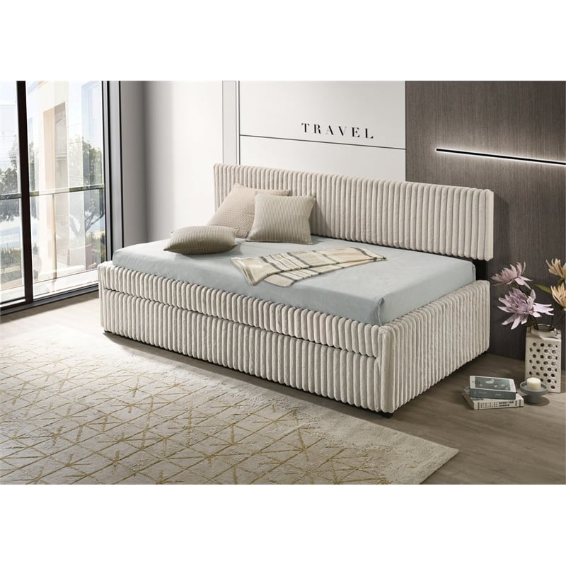 Best Quality Furniture Twin Daybed with Trundle in Cream Velvet Corduroy