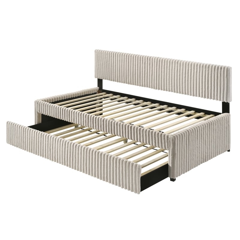 Best Quality Furniture Twin Daybed with Trundle in Cream Velvet Corduroy