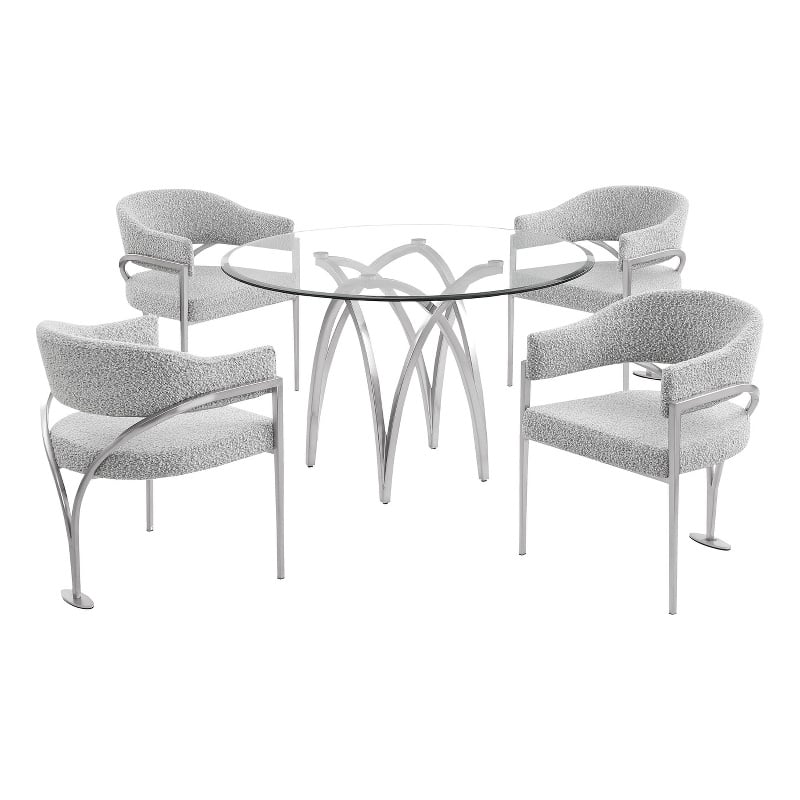 Best Quality Furniture 5pc Circle Clear Glass Dining Set & Boucle Fabric Chairs