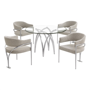 Best Quality Furniture 5pc Circle Clear Glass Dining Set & Boucle Fabric Chairs
