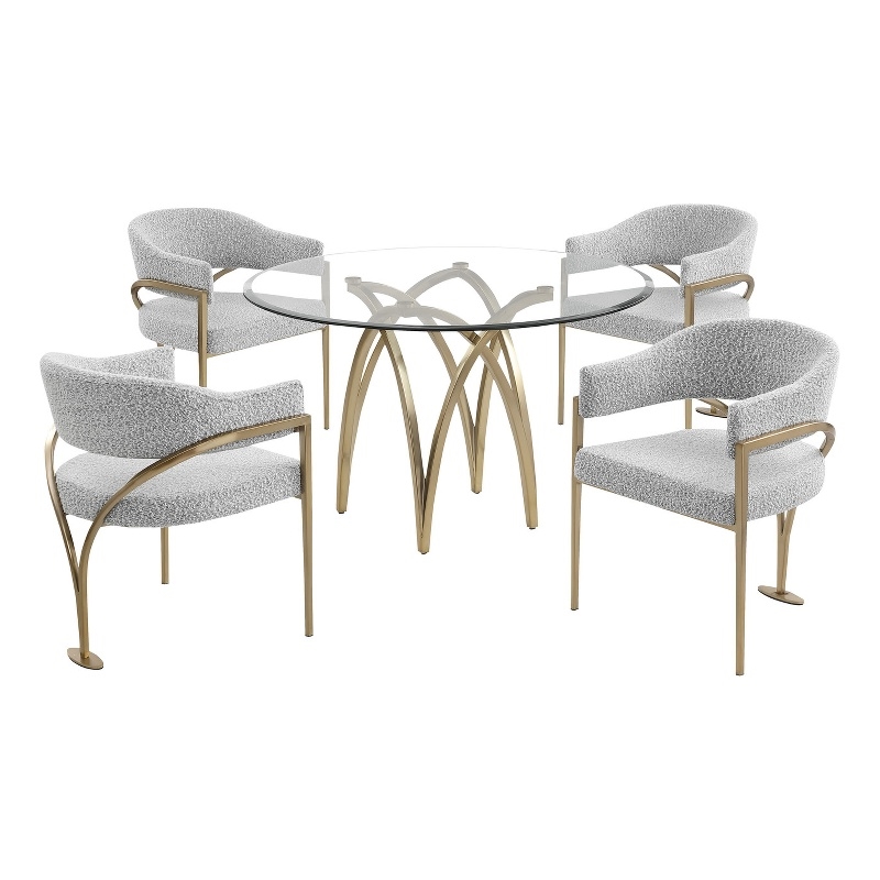 Best Quality Furniture 5pc Circle Clear Glass Dining Set & Boucle Fabric Chairs