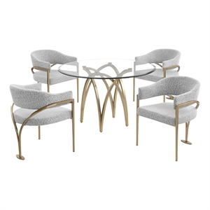 Best Quality Furniture 5pc Circle Clear Glass Dining Set & Boucle Fabric Chairs