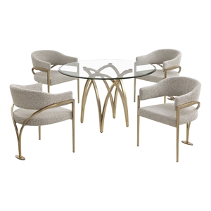 Best Quality Furniture 5pc Circle Clear Glass Dining Set & Boucle Fabric Chairs