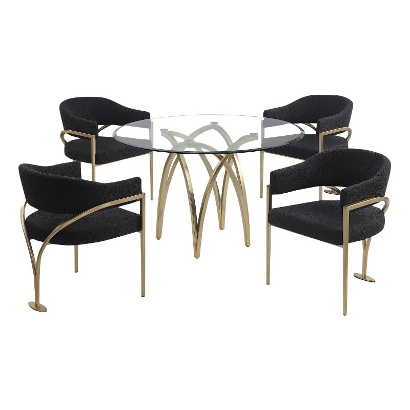 Best Quality Furniture 5pc Circle Clear Glass Dining Set & Boucle Fabric Chairs