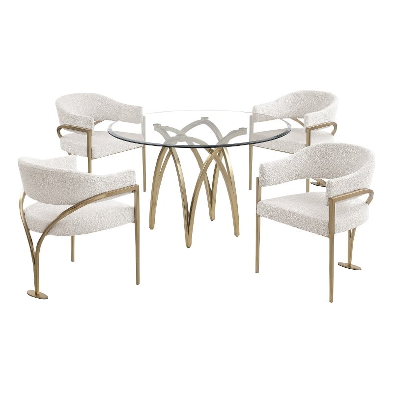 Best Quality Furniture 5pc Circle Clear Glass Dining Set & Boucle Fabric Chairs