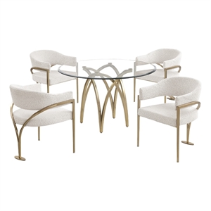 Best Quality Furniture 5pc Circle Clear Glass Dining Set & Boucle Fabric Chairs