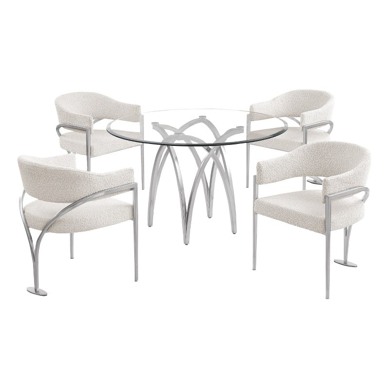 Best Quality Furniture 5pc Circle Clear Glass Dining Set & Boucle Fabric Chairs