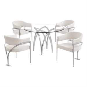 Best Quality Furniture 5pc Circle Clear Glass Dining Set & Boucle Fabric Chairs