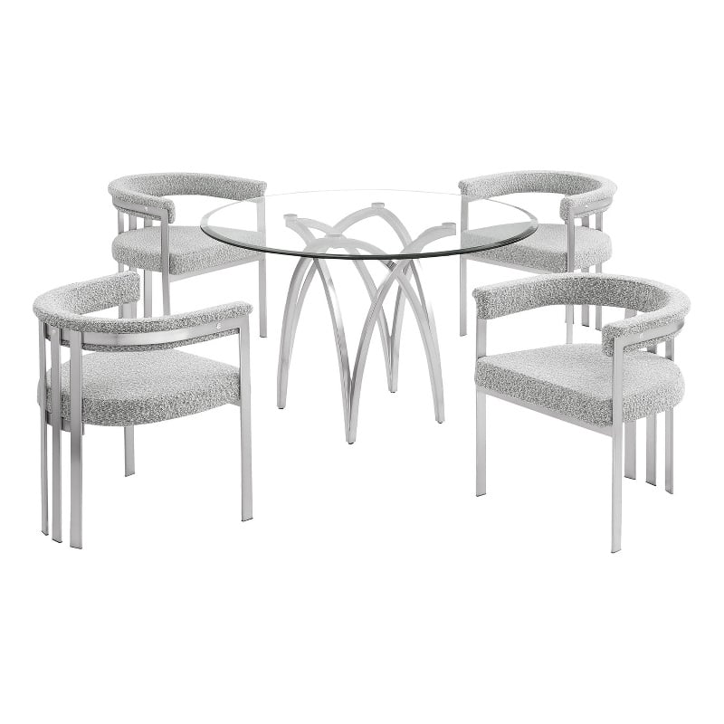 Best Quality Furniture 5pc Circle Clear Glass Dining Set & Boucle Fabric Chairs