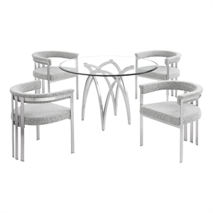 Best Quality Furniture 5pc Circle Clear Glass Dining Set & Boucle Fabric Chairs