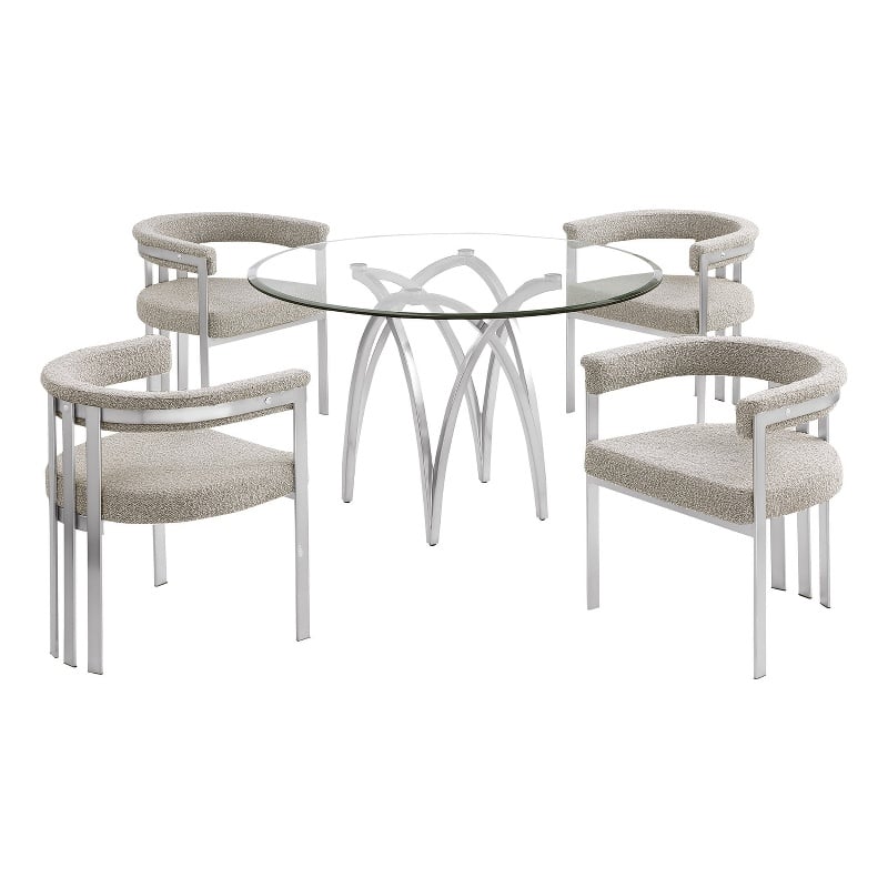 Best Quality Furniture 5pc Circle Clear Glass Dining Set & Boucle Fabric Chairs