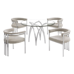 Best Quality Furniture 5pc Circle Clear Glass Dining Set & Boucle Fabric Chairs