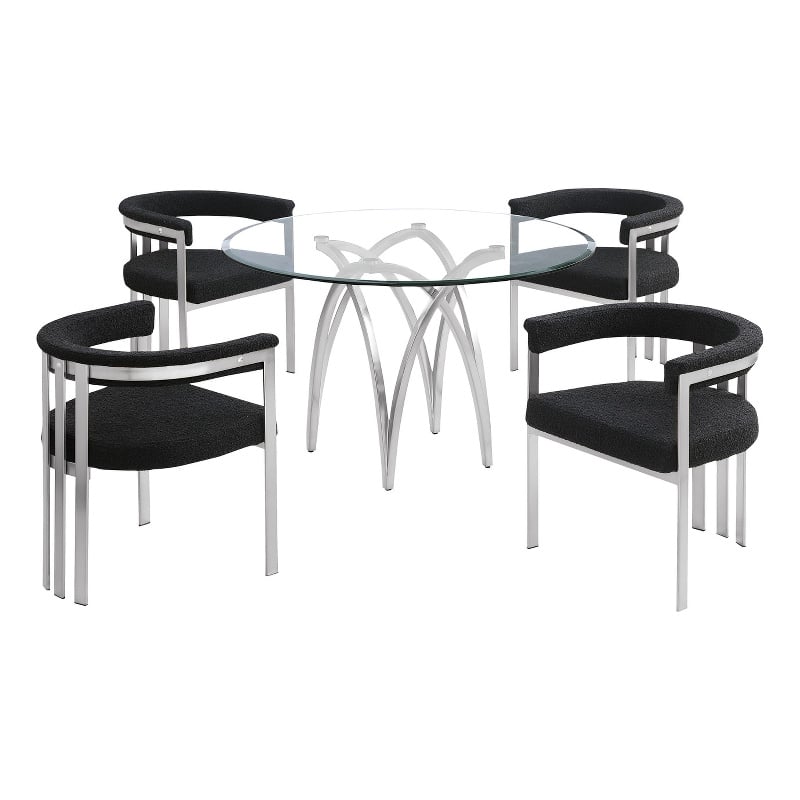 Best Quality Furniture 5pc Circle Clear Glass Dining Set & Boucle Fabric Chairs