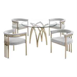 Best Quality Furniture 5pc Circle Clear Glass Dining Set & Boucle Fabric Chairs